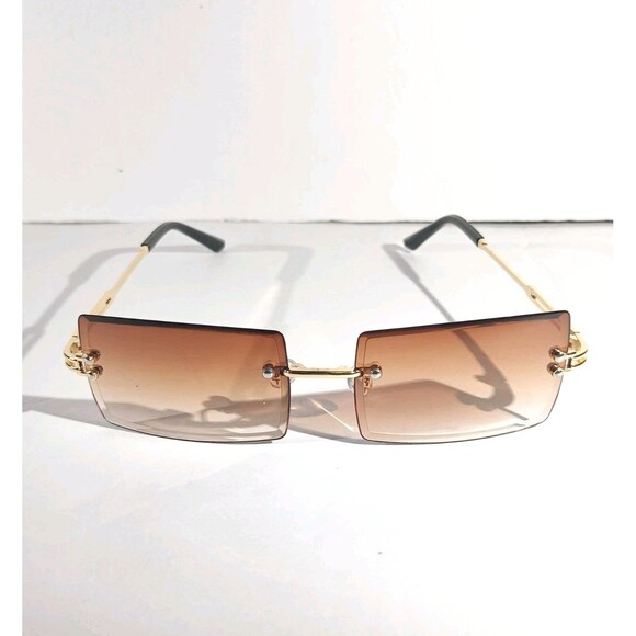 Rimless Square Sunglasses Brown Tint Unisex Metal Frame - Picture 1 of 9